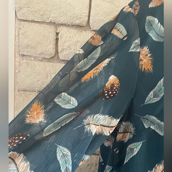LOFT Teal Feather Pattern Long Sleeve Dress - Picture 7 of 8